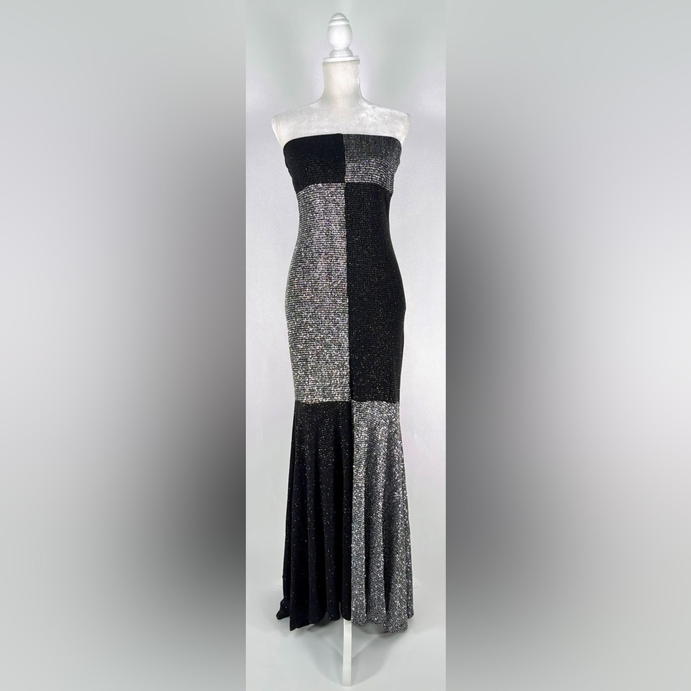 Jessica McClintock Women 8 Strapless Gown Black Silver Metallic Colorblock Dress